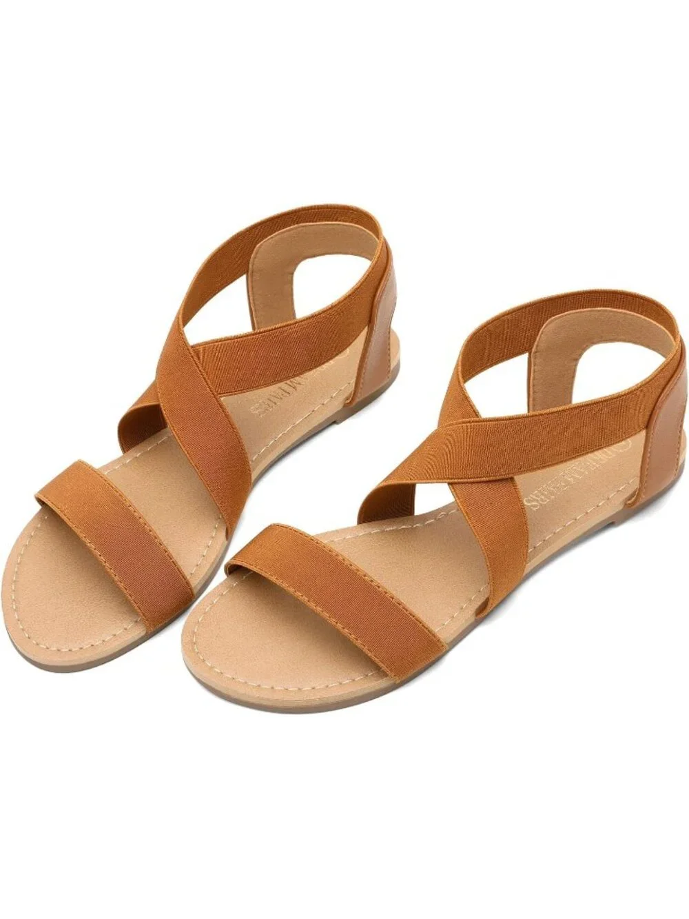Women's Tan Summer Elastic Ankle Strap Flat Cute Strappy Gladiator Sandals